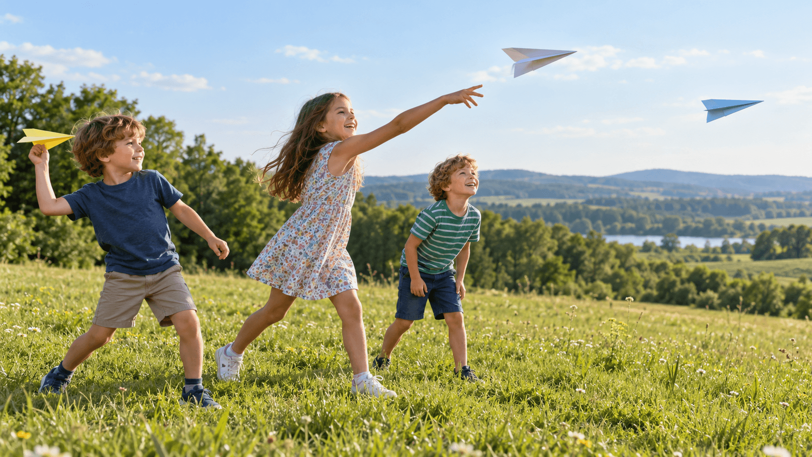 Kinder werfen selbstgefaltete Papierflieger über eine Wiese