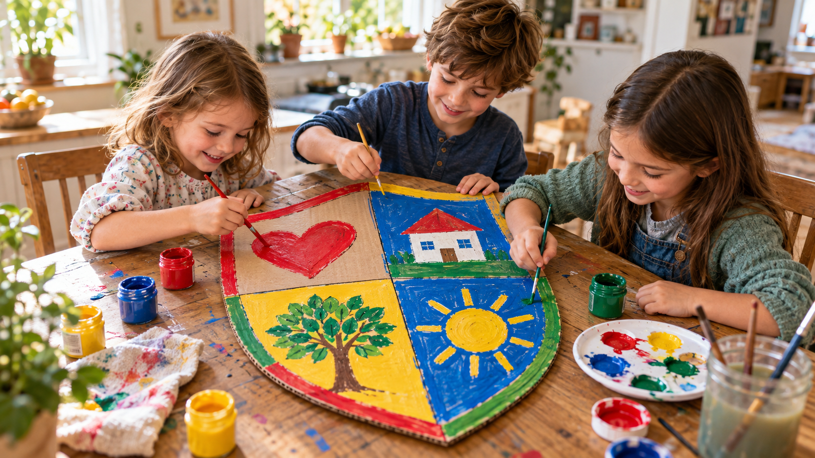 Kinder malen gemeinsam ein buntes Familienwappen auf Pappe