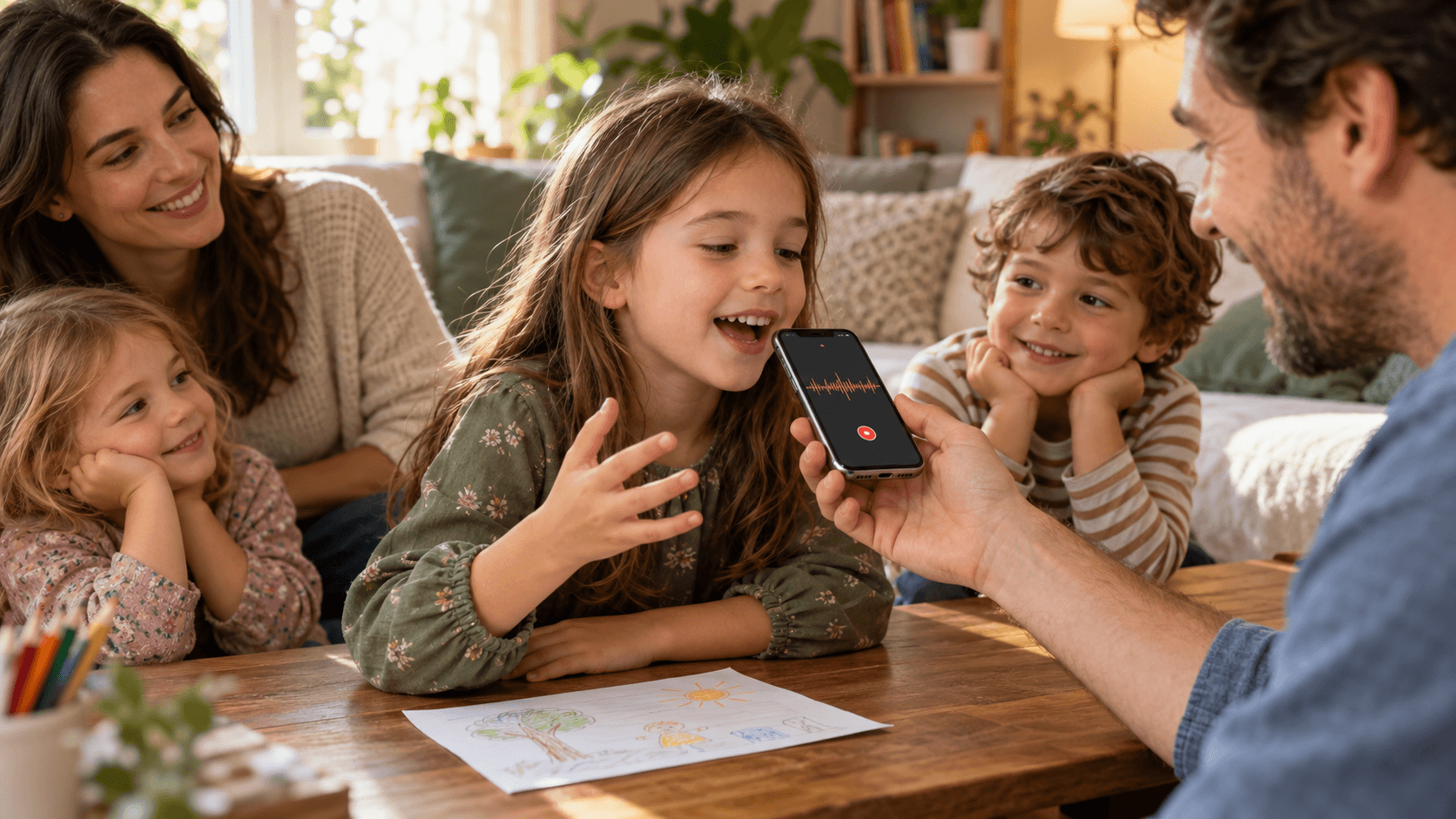 Kind spricht in ein Smartphone-Mikrofon bei einer Familienaufnahme